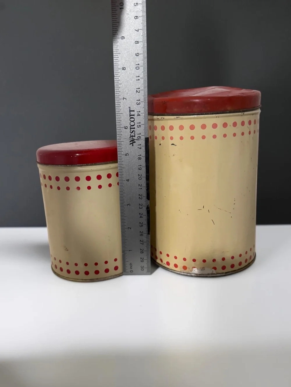 Vintage 1950s Tin Canister Set of 2 Cream Red Polka Dot Nesting Kitchen